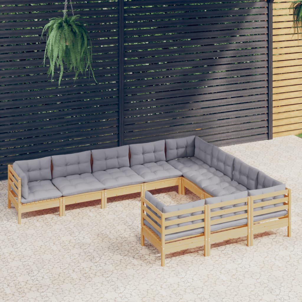 vidaXL Set mobilier de grădină cu perne gri 10 piese lemn masiv de pin