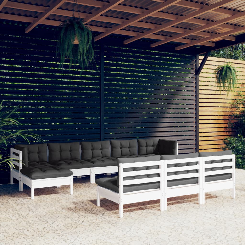 vidaXL Set mobilier de grădină cu perne, 10 piese, alb, lemn de pin