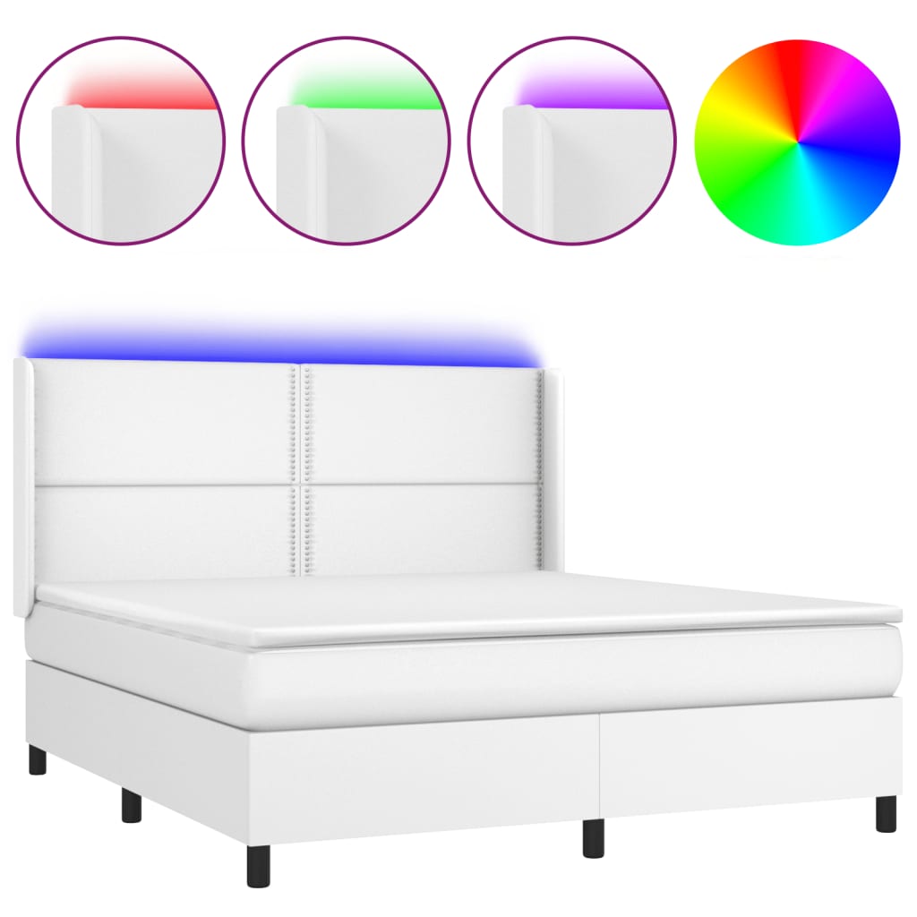 vidaXL Pat cu arcuri, saltea și LED, alb, 160x200 cm, piele ecologică